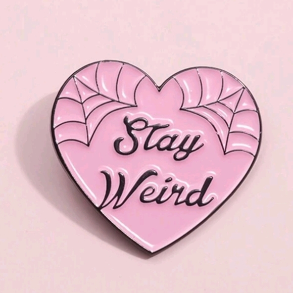 Fun Novelty Enamel Pin Stay Weird Pink Spider Web Goth - Picture 3 of 4